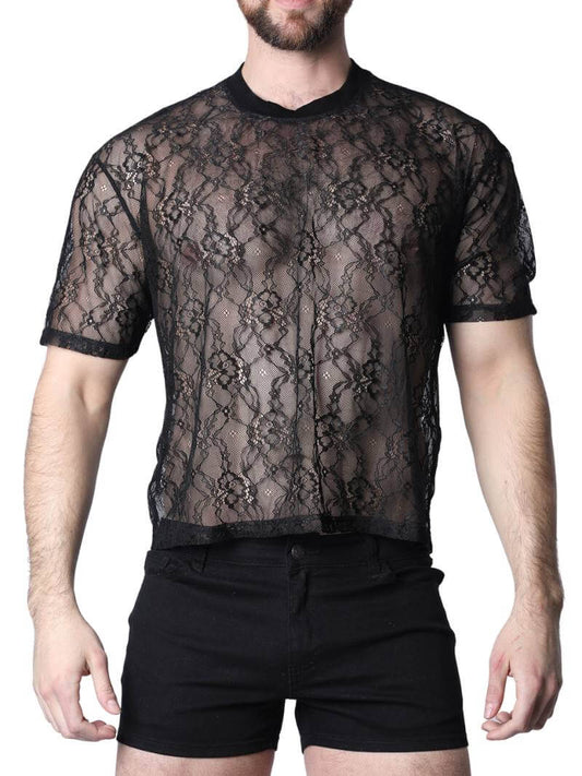 Timoteo Positano Black Floral Lace Cropped Tee