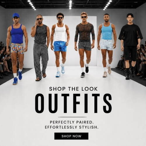 Six men walk down a fashion runway wearing coordinated outfits, with large text reading 'SHOP THE LOOK OUTFITS' and a 'SHOP NOW' button below. 