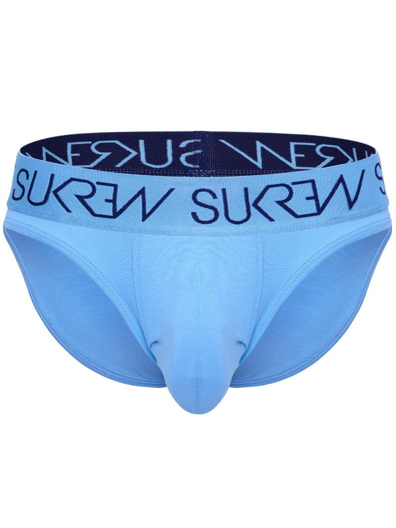 Light blue men's briefs with a dark navy waistband featuring the brand name 'SUKREW' printed in white.