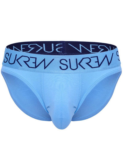 Light blue men's briefs with a dark navy waistband featuring the brand name 'SUKREW' printed in white.