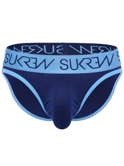Navy blue men's briefs with light blue trim and a wide light blue waistband featuring the brand name 'SUKREW' in navy lettering.