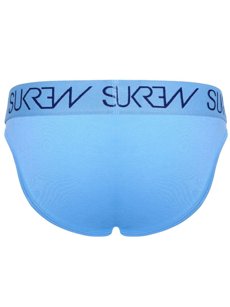 Light blue men's briefs with a wide elastic waistband featuring the brand name 'SUKREW' printed in dark blue.