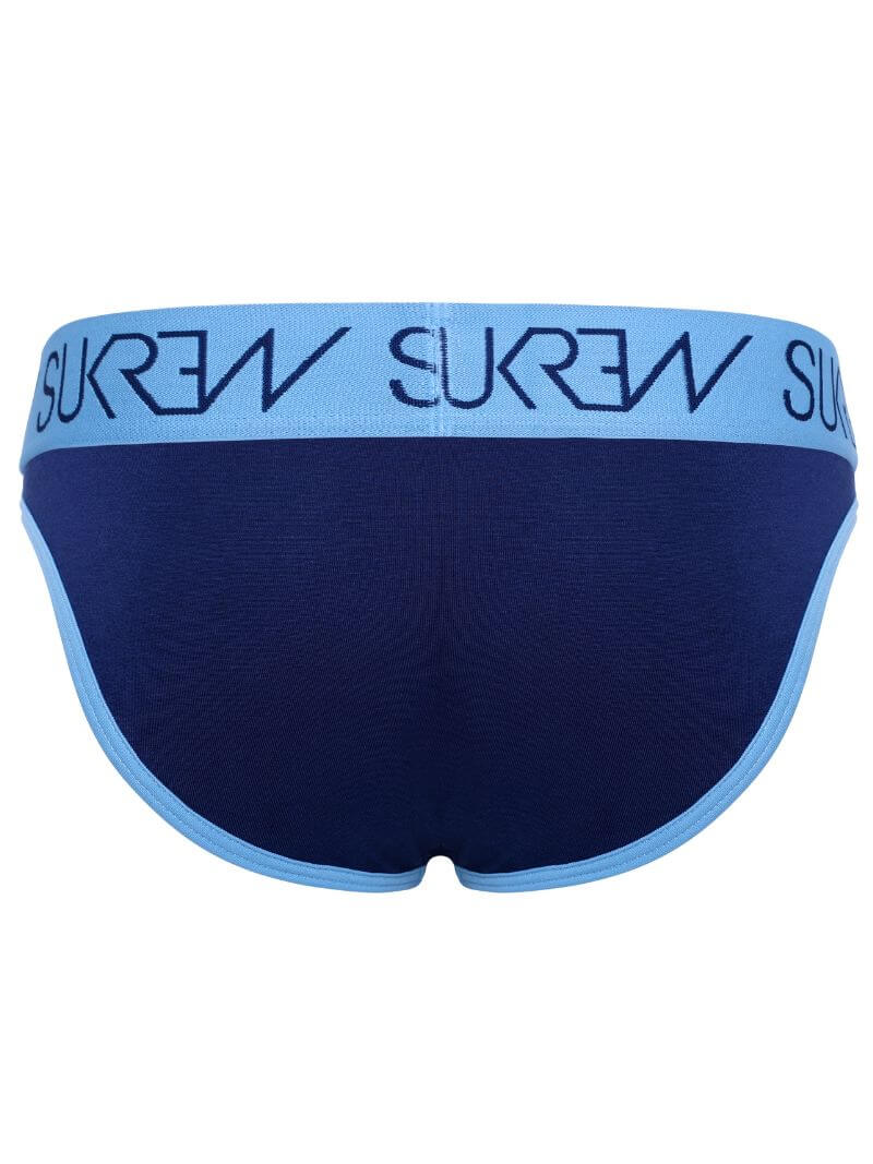 A pair of men's briefs in dark navy blue with a light blue waistband featuring the brand name 'SUKREW' printed in navy blue.
