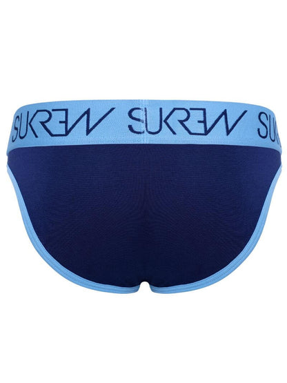 A pair of men's briefs in dark navy blue with a light blue waistband featuring the brand name 'SUKREW' printed in navy blue.