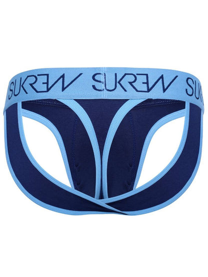 A men's jockstrap by SUKREW, featuring a navy blue main body with light blue trim and a light blue waistband printed with the brand name 'SUREW'.