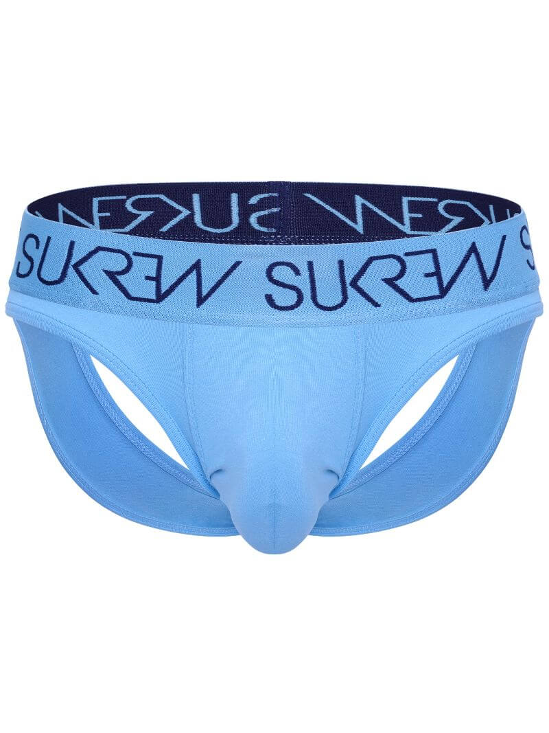 Light blue men's briefs with a dark navy waistband featuring the brand name in white.