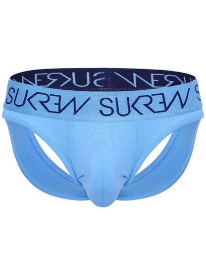 Light blue men's briefs with a dark navy waistband featuring the brand name in white.