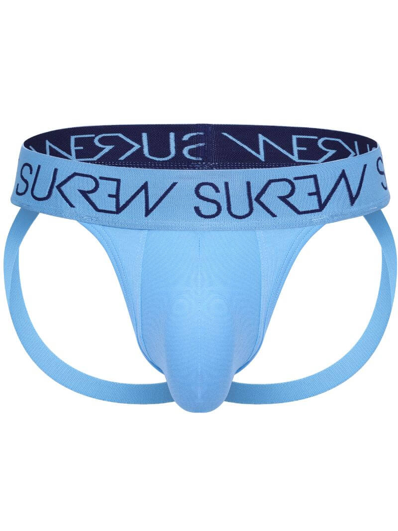 Light blue men's jockstrap underwear with a dark navy waistband featuring the brand name 'SUKREW' printed repeatedly in light blue.