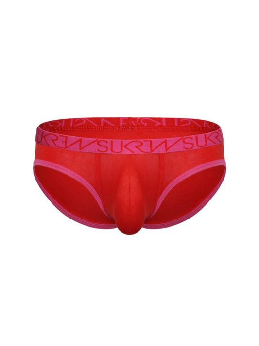 A low-rise bikini brief with a pink SUKREW branded waistband and a pink contour pouch.