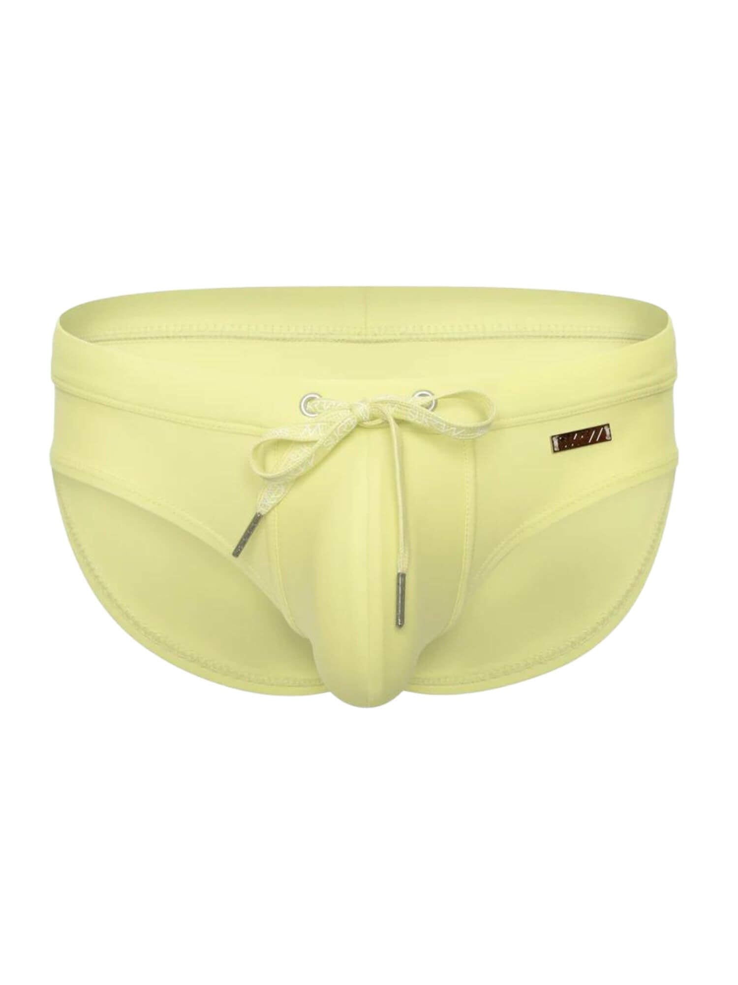 Yellow swim briefs with a drawstring on a white background