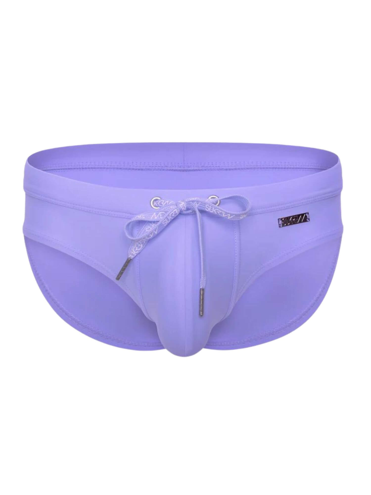 Purple men's swimwear with a drawstring on a white background