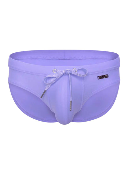 Purple men's swimwear with a drawstring on a white background