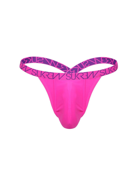 Pink thong with logo waistband on a white background