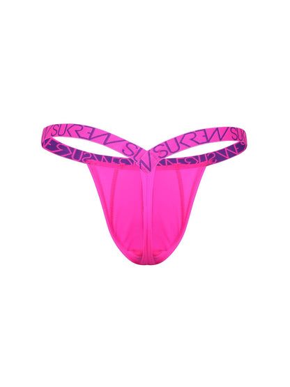 Pink thong with logo waistband on a white background