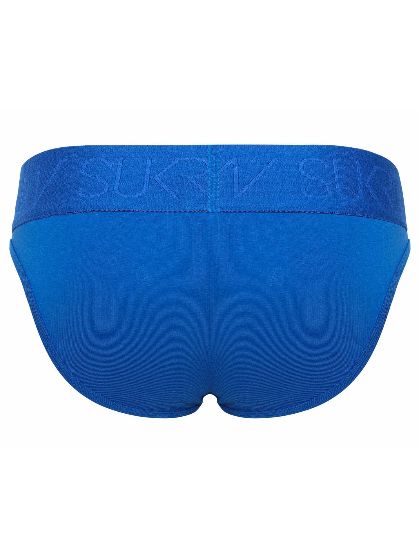 Blue men's briefs shown from the back, featuring a wide elastic waistband with the brand name printed in a lighter blue tone.