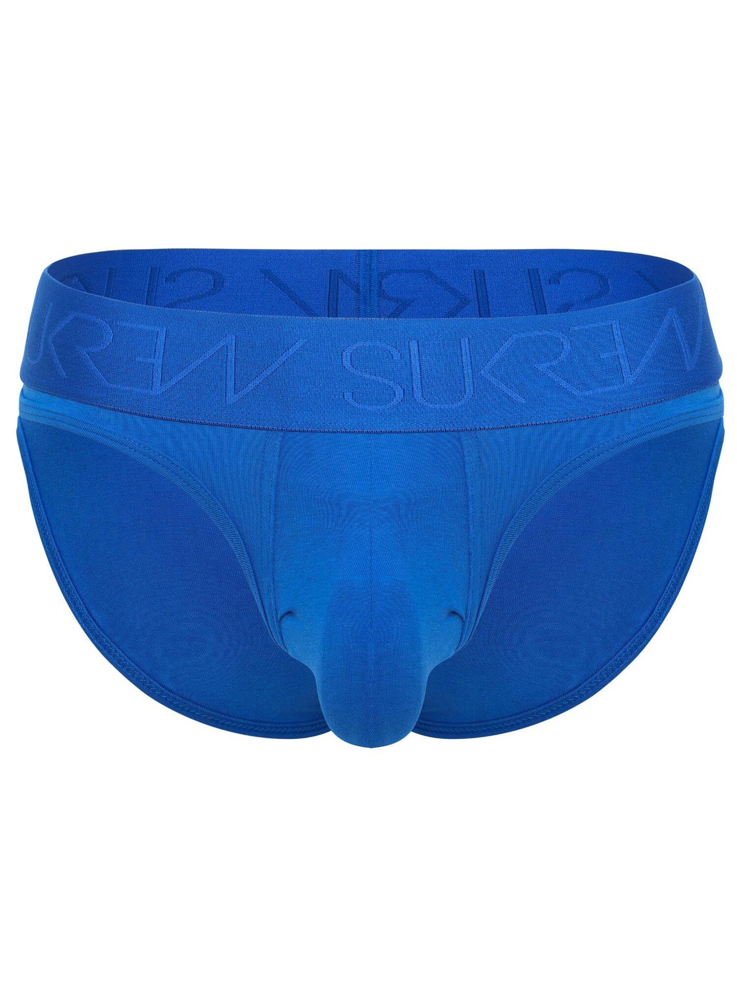 Blue men's briefs with a wide waistband featuring the debossed brand name in a matching blue tone, shown against a plain white background.