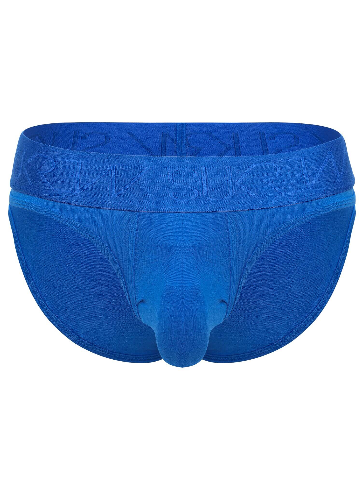 Blue men's briefs with a wide waistband featuring the debossed brand name in a matching blue tone, shown against a plain white background.