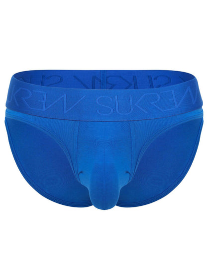 Blue men's briefs with a wide waistband featuring the debossed brand name in a matching blue tone, shown against a plain white background.