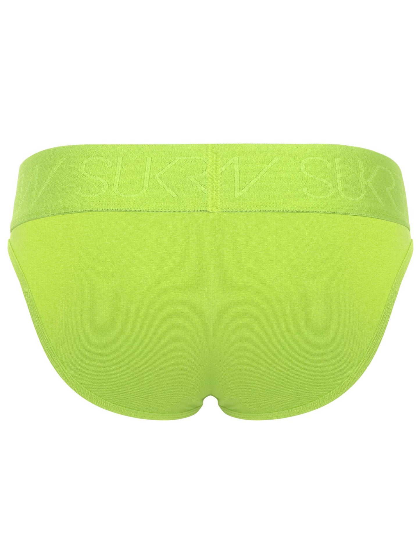 Bright neon yellow-green women's briefs with a wide elastic waistband featuring the brand name in tonal lettering, shown from the back on a white background.