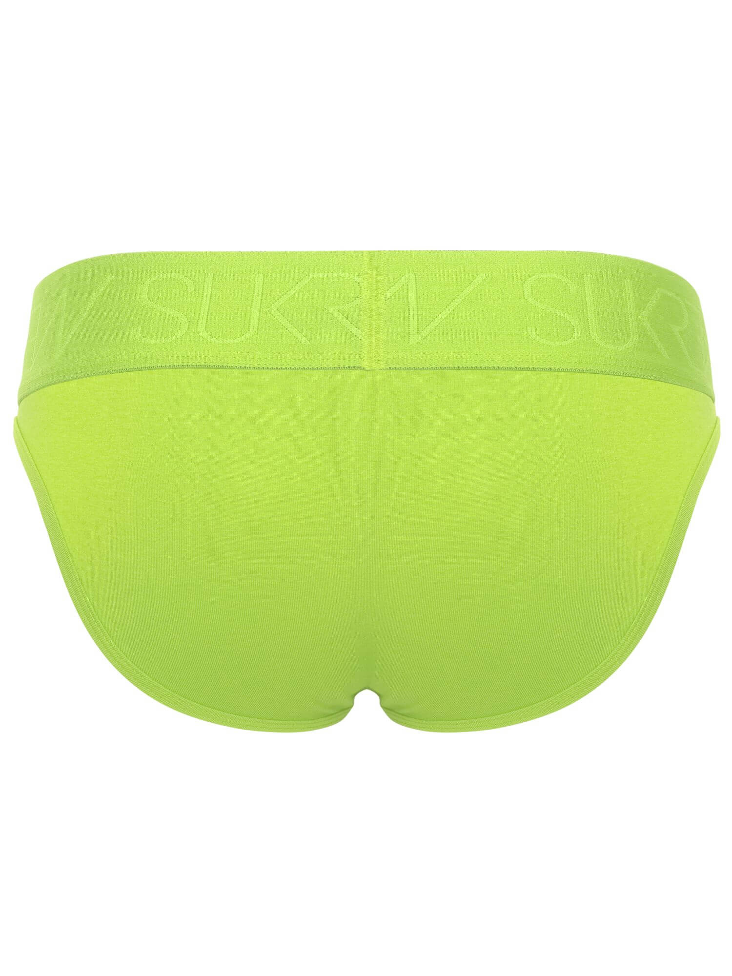 Bright neon yellow-green women's briefs with a wide elastic waistband featuring the brand name in tonal lettering, shown from the back on a white background.