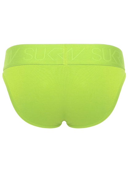 Bright neon yellow-green women's briefs with a wide elastic waistband featuring the brand name in tonal lettering, shown from the back on a white background.