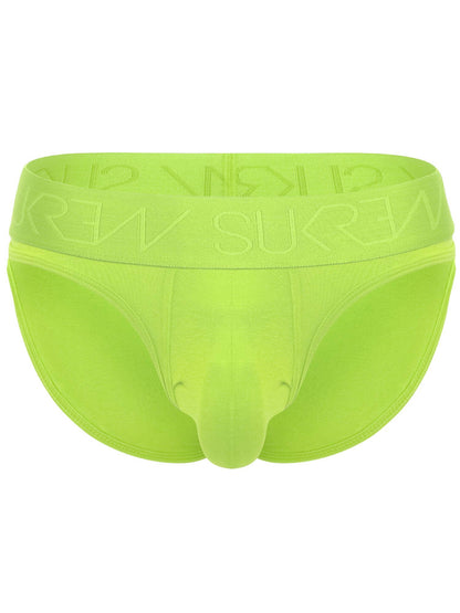 Bright neon yellow-green men's briefs with a wide elastic waistband featuring embossed branding, shown against a plain white background.