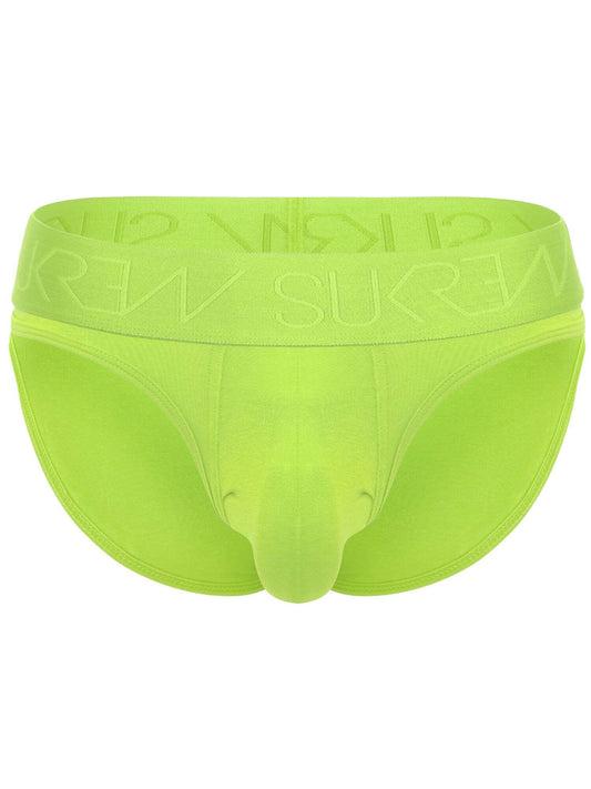 Bright neon yellow-green men's briefs with a wide elastic waistband featuring embossed branding, shown against a plain white background.