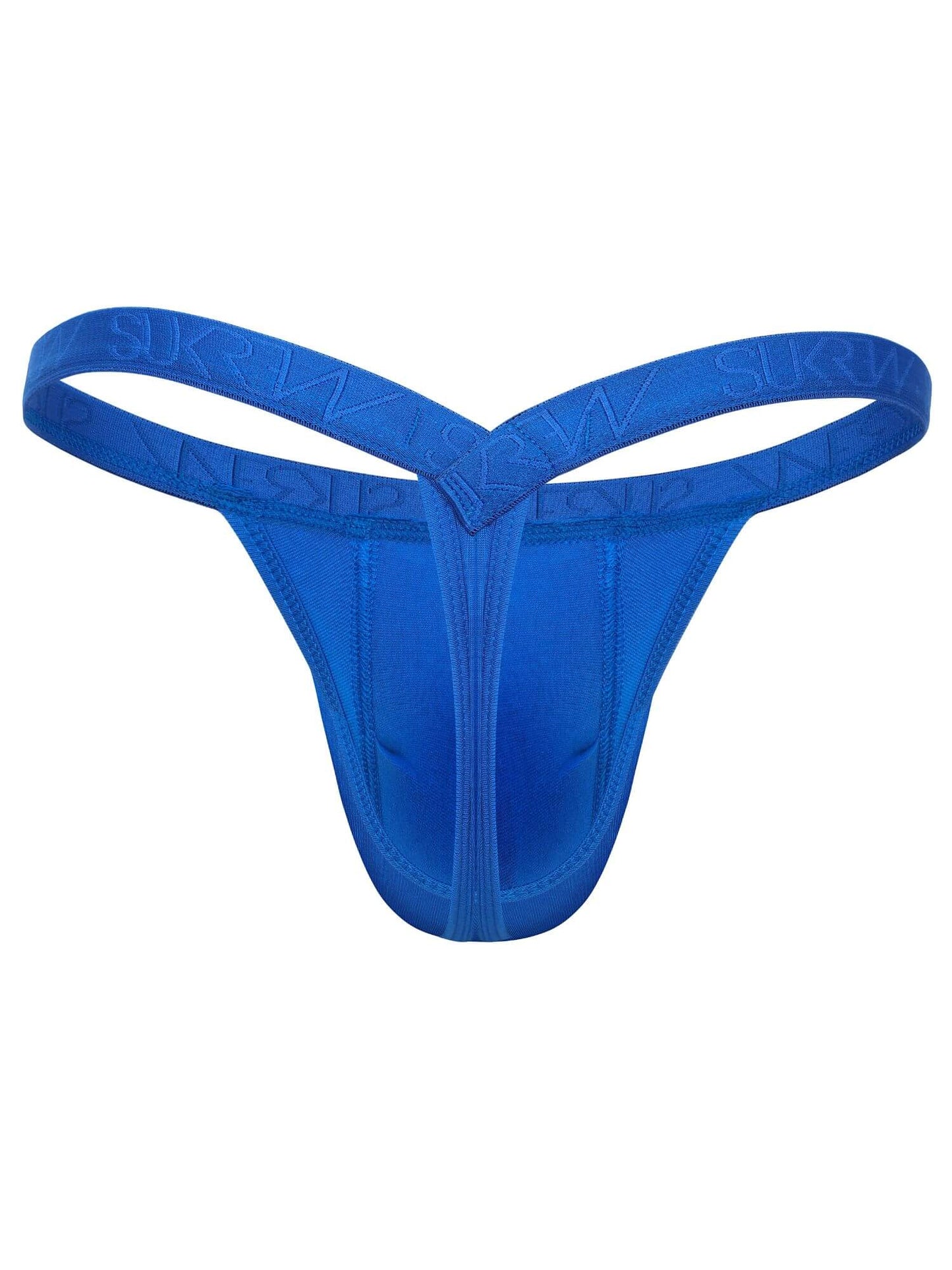 A bright blue men's thong underwear with an elastic waistband featuring embossed brand lettering, shown against a plain white background.