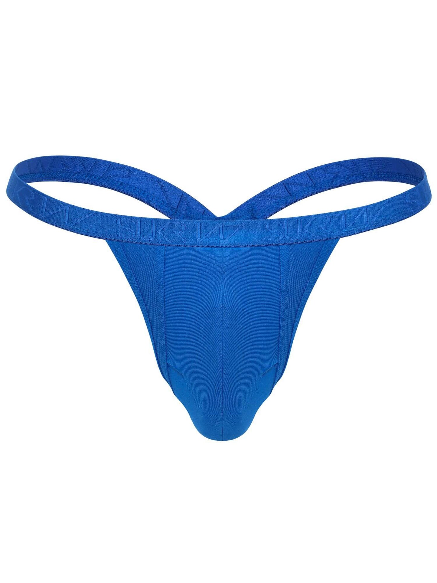 A bright blue men's thong with a skinny, elastic crossover waistband and a contoured front pouch, shown against a plain white background.