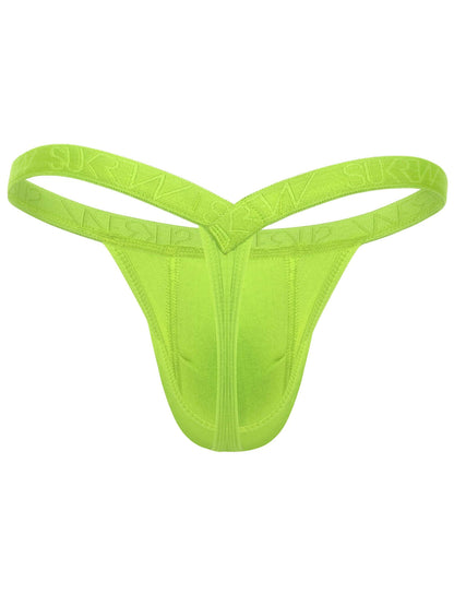 A neon yellow-green thong-style underwear piece shown flat against a plain white background. The waistband has a repeating embossed brand pattern that appears to read SK&Y.