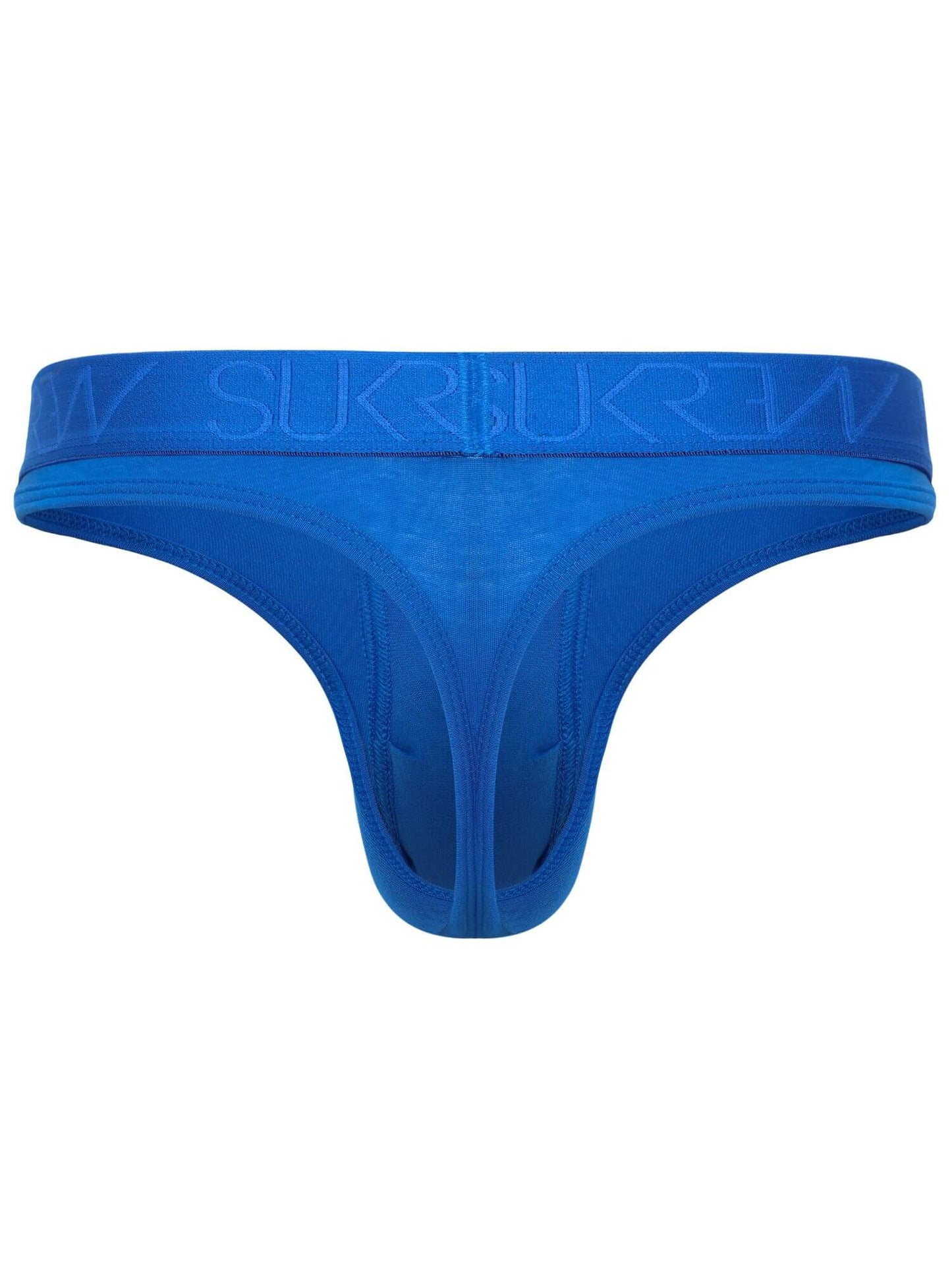 A bright blue men's thong-style underwear bottom with a wide waistband featuring the brand name 'SUKREW' in tonal blue lettering, shown against a plain white background.