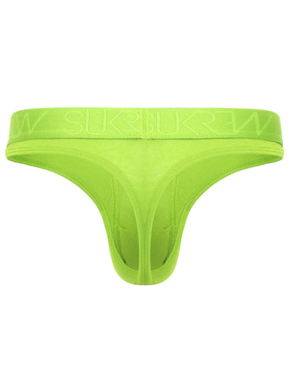 A bright neon yellow-green thong-style underwear bottom with a wide waistband featuring the debossed brand name in matching neon yellow-green, shown against a plain white background.
