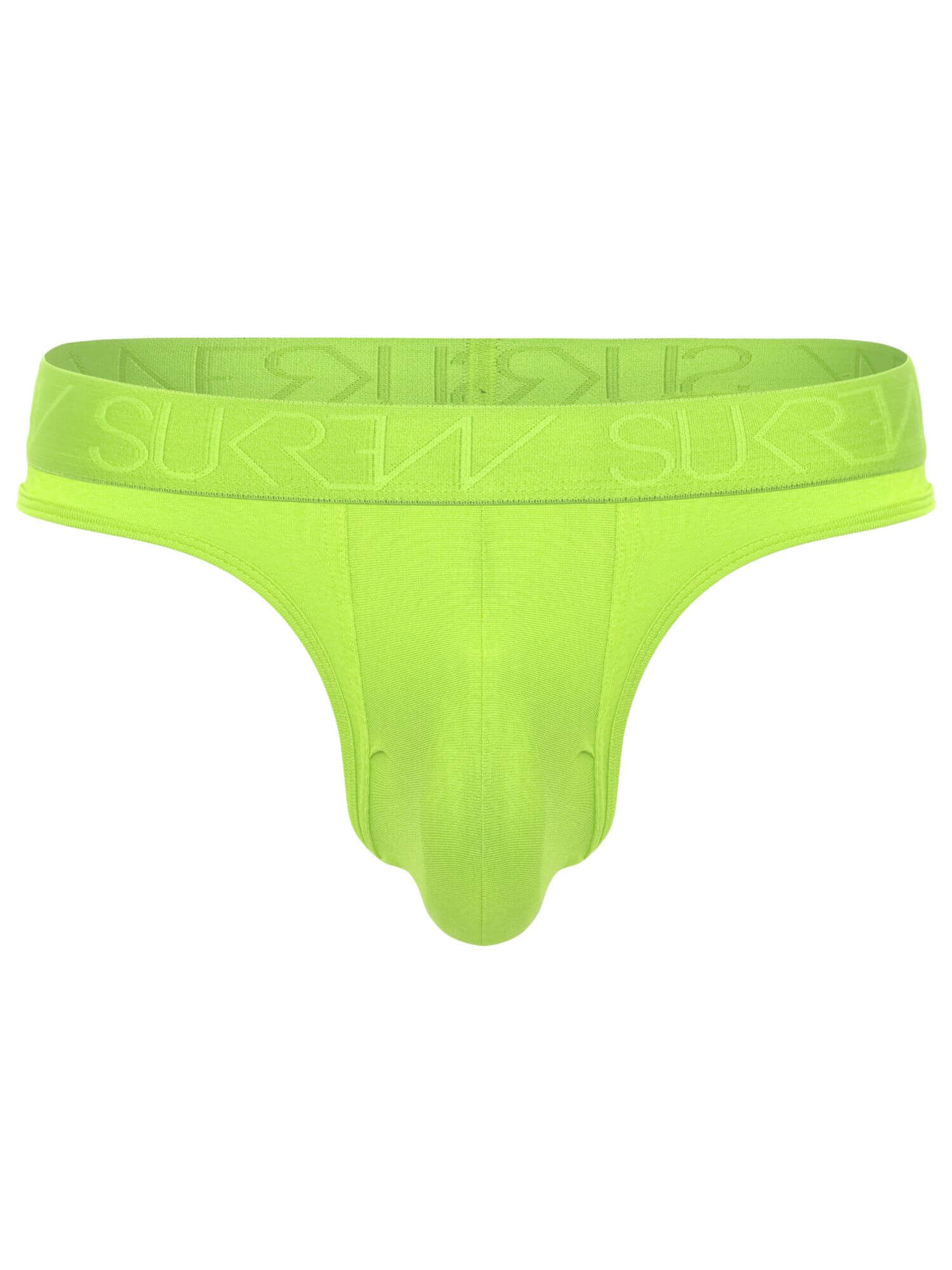A neon yellow-green men's thong by SUKREW, featuring a wide elastic waistband with the brand name printed in a lighter tone, shown against a plain white background.