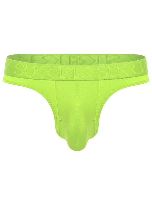 A neon yellow-green men's thong by SUKREW, featuring a wide elastic waistband with the brand name printed in a lighter tone, shown against a plain white background.