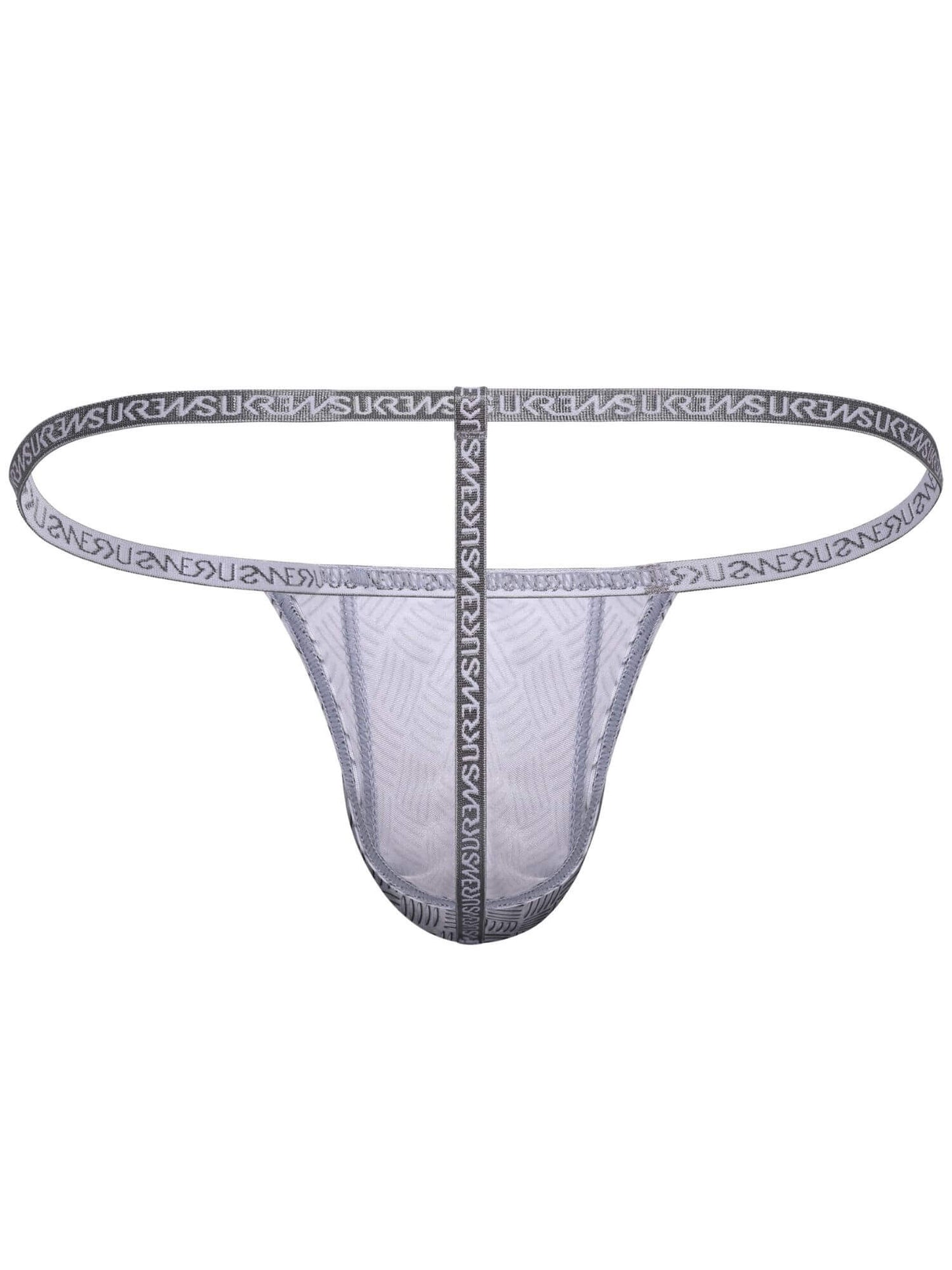 A  thong with a gray elastic waistband and center seam, featuring the brand name 'SUKI' printed repeatedly on the waistband.