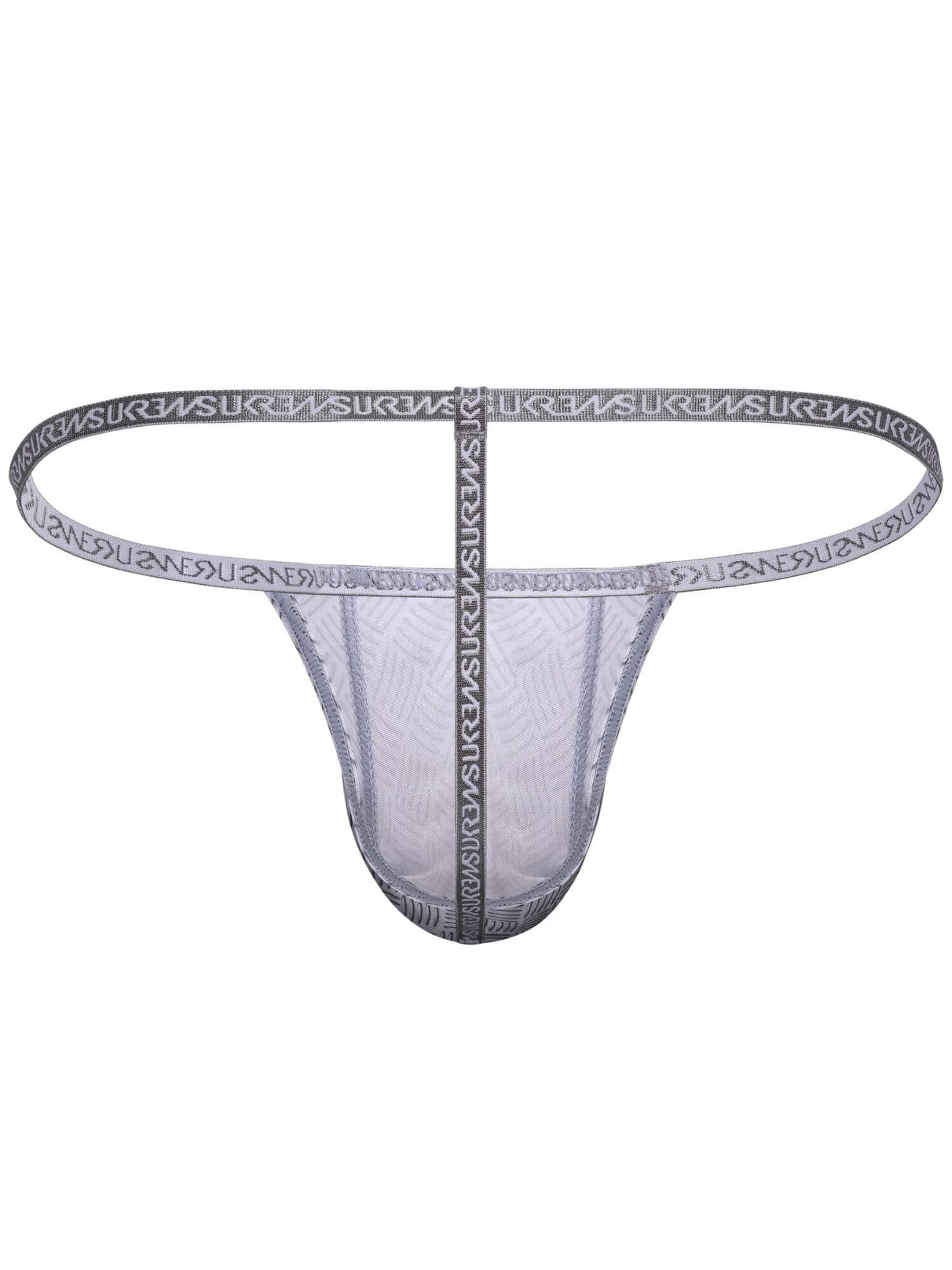 A  thong with a gray elastic waistband and center seam, featuring the brand name 'SUKI' printed repeatedly on the waistband.