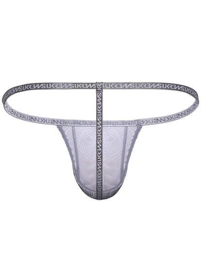 A  thong with a gray elastic waistband and center seam, featuring the brand name 'SUKI' printed repeatedly on the waistband.