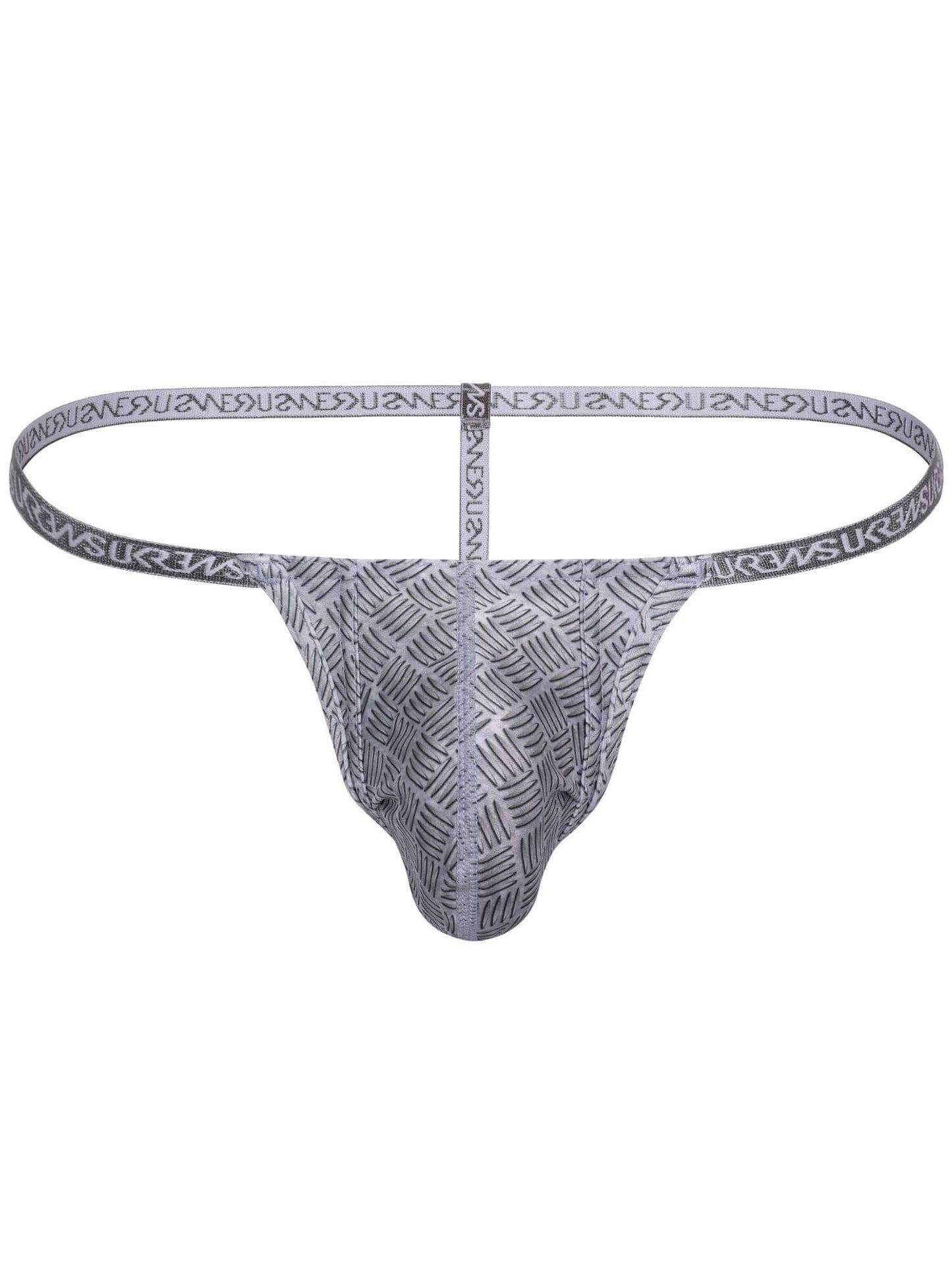 A men's thong-style underwear brief with a metallic silver and dark gray geometric pattern on the pouch and a matching patterned waistband featuring the SURWAS brand name.