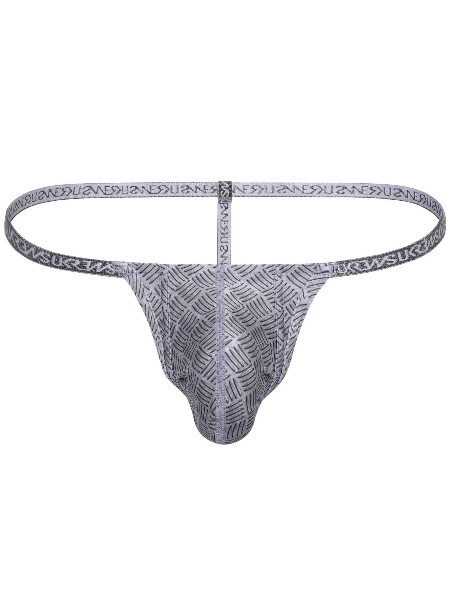 A men's thong-style underwear brief with a metallic silver and dark gray geometric pattern on the pouch and a matching patterned waistband featuring the SURWAS brand name.