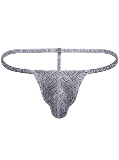 A men's thong-style underwear brief with a metallic silver and dark gray geometric pattern on the pouch and a matching patterned waistband featuring the SURWAS brand name.