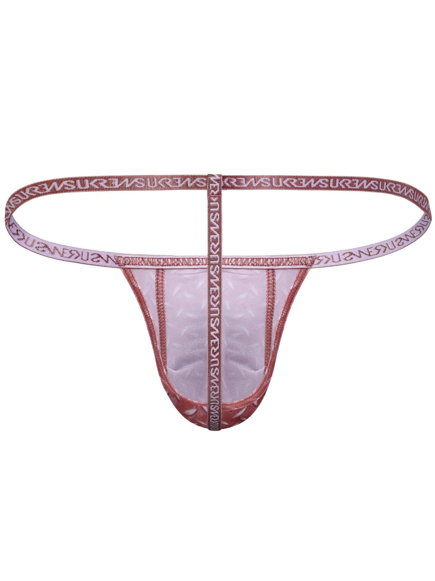 A thong in a dusty rose pink color with a matching elastic waistband featuring the brand name 'SUKWAN' printed repeatedly in white.