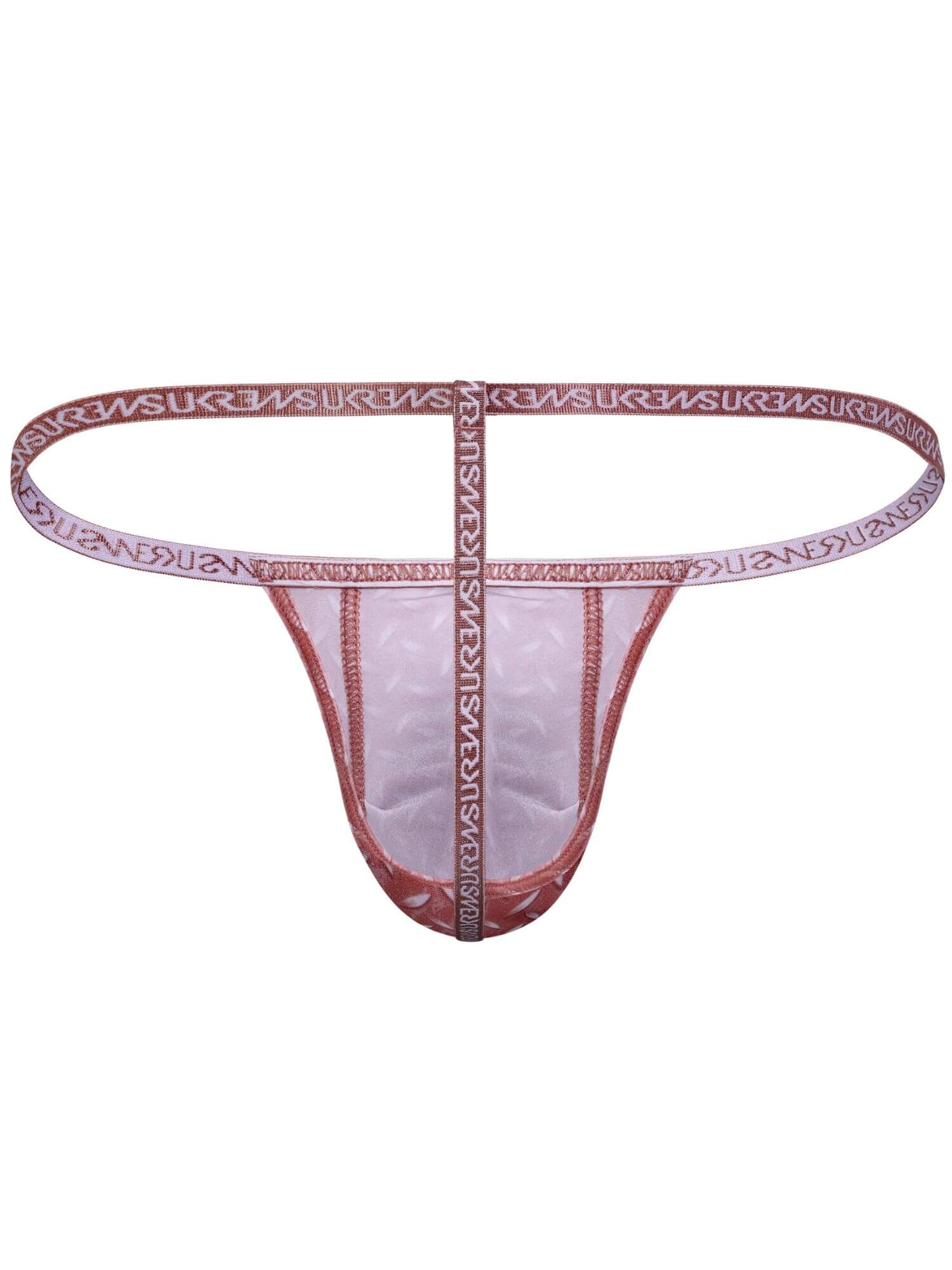 A thong in a dusty rose pink color with a matching elastic waistband featuring the brand name 'SUKWAN' printed repeatedly in white.