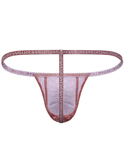 A thong in a dusty rose pink color with a matching elastic waistband featuring the brand name 'SUKWAN' printed repeatedly in white.