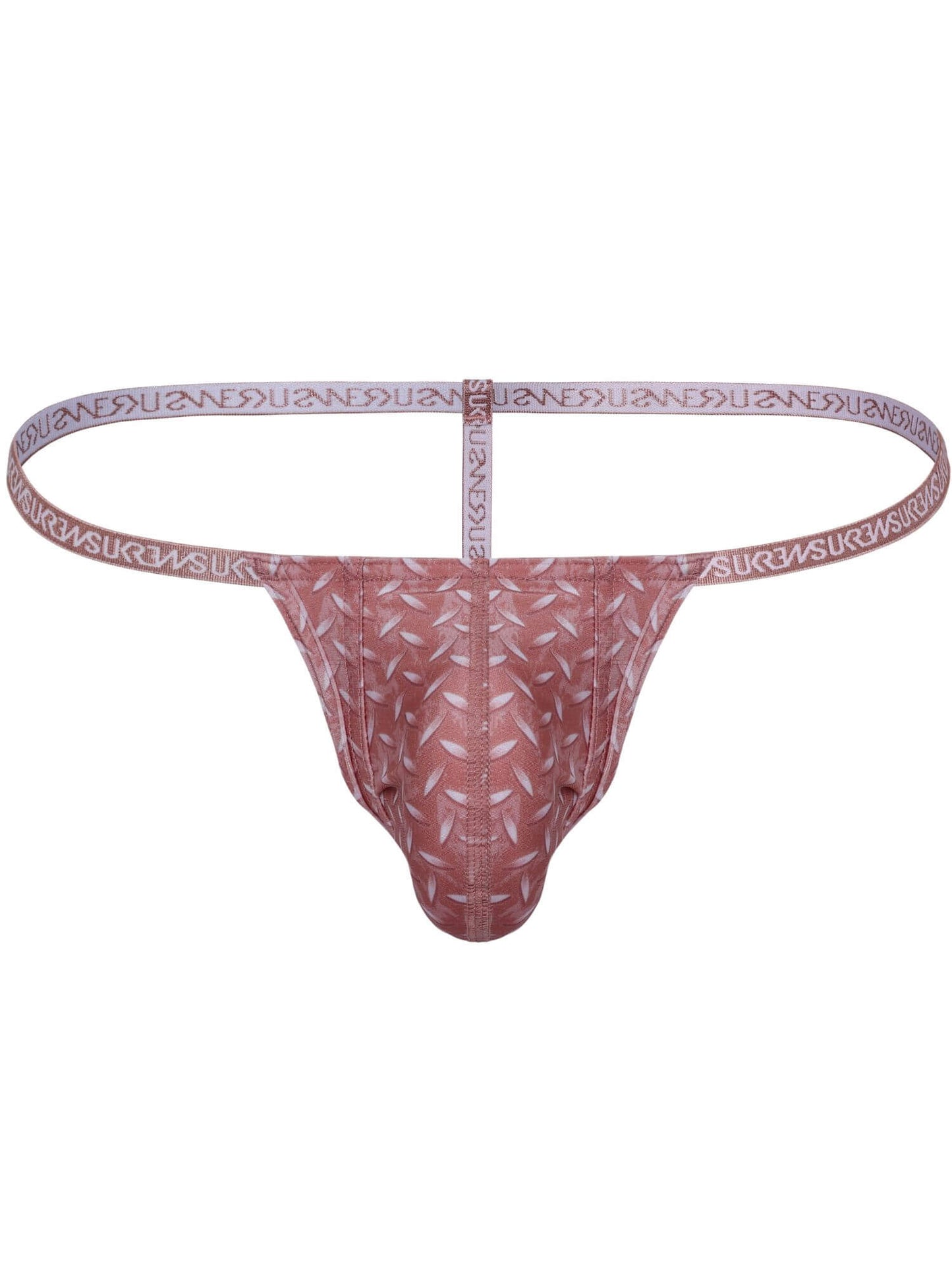 A men's thong-style underwear brief in a dusty rose pink color, featuring a textured geometric pattern across the front pouch and a wide elastic waistband with the brand name 'SURFING' repeated in white.
