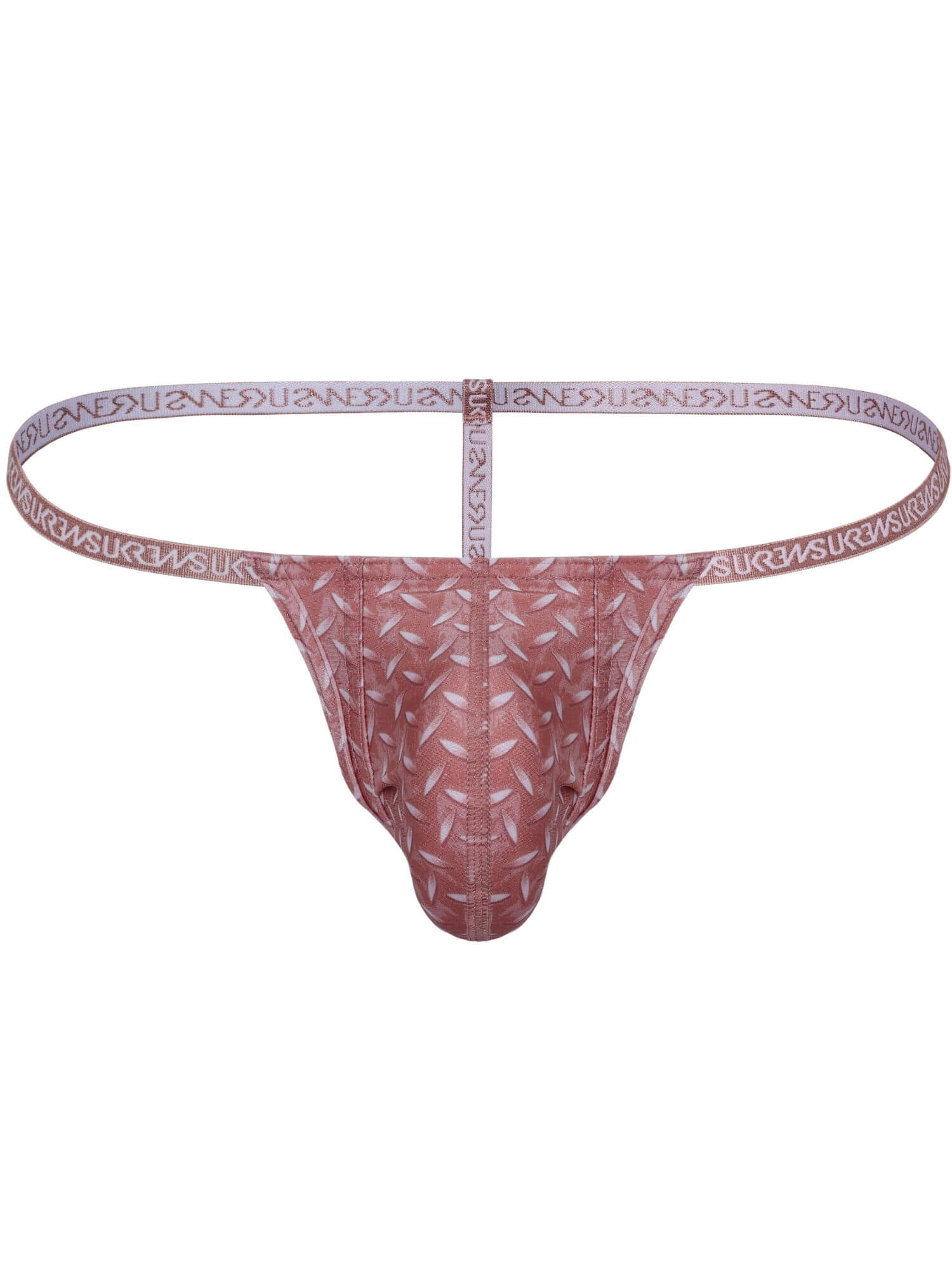 A men's thong-style underwear brief in a dusty rose pink color, featuring a textured geometric pattern across the front pouch and a wide elastic waistband with the brand name 'SURFING' repeated in white.