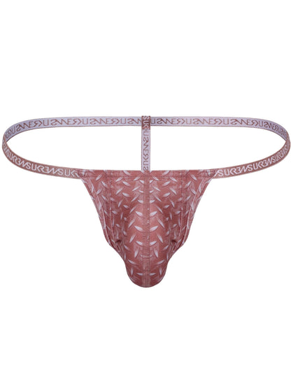 A men's thong-style underwear brief in a dusty rose pink color, featuring a textured geometric pattern across the front pouch and a wide elastic waistband with the brand name 'SURFING' repeated in white.