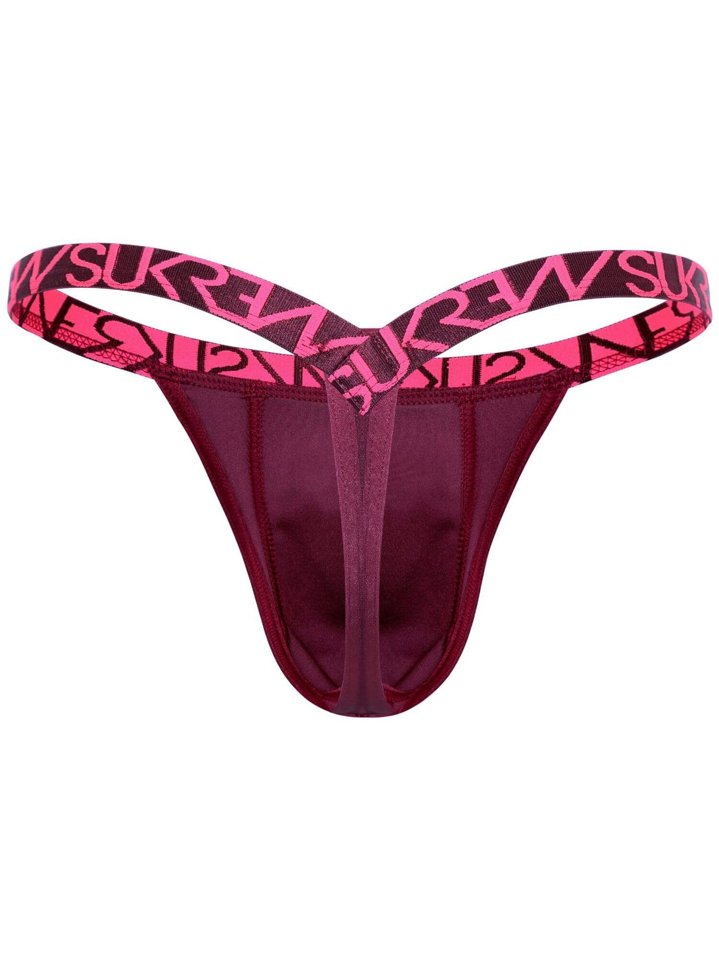 A women's thong-style underwear bottom in deep burgundy with a bright pink and black patterned waistband featuring SUKREW repeated, shown on a plain white background.