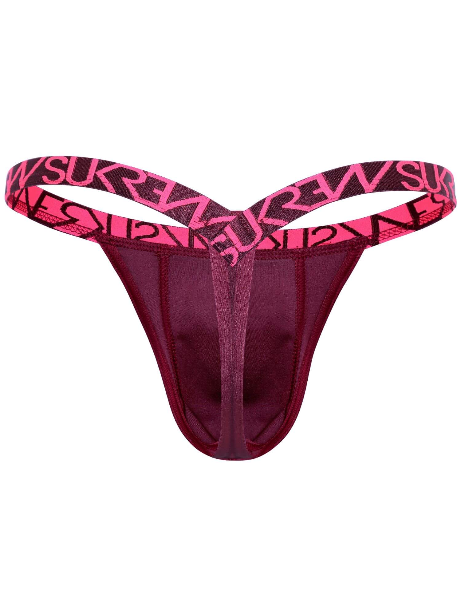 A women's thong-style underwear bottom in deep burgundy with a bright pink and black patterned waistband featuring SUKREW repeated, shown on a plain white background.