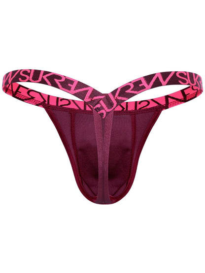 A women's thong-style underwear bottom in deep burgundy with a bright pink and black patterned waistband featuring SUKREW repeated, shown on a plain white background.