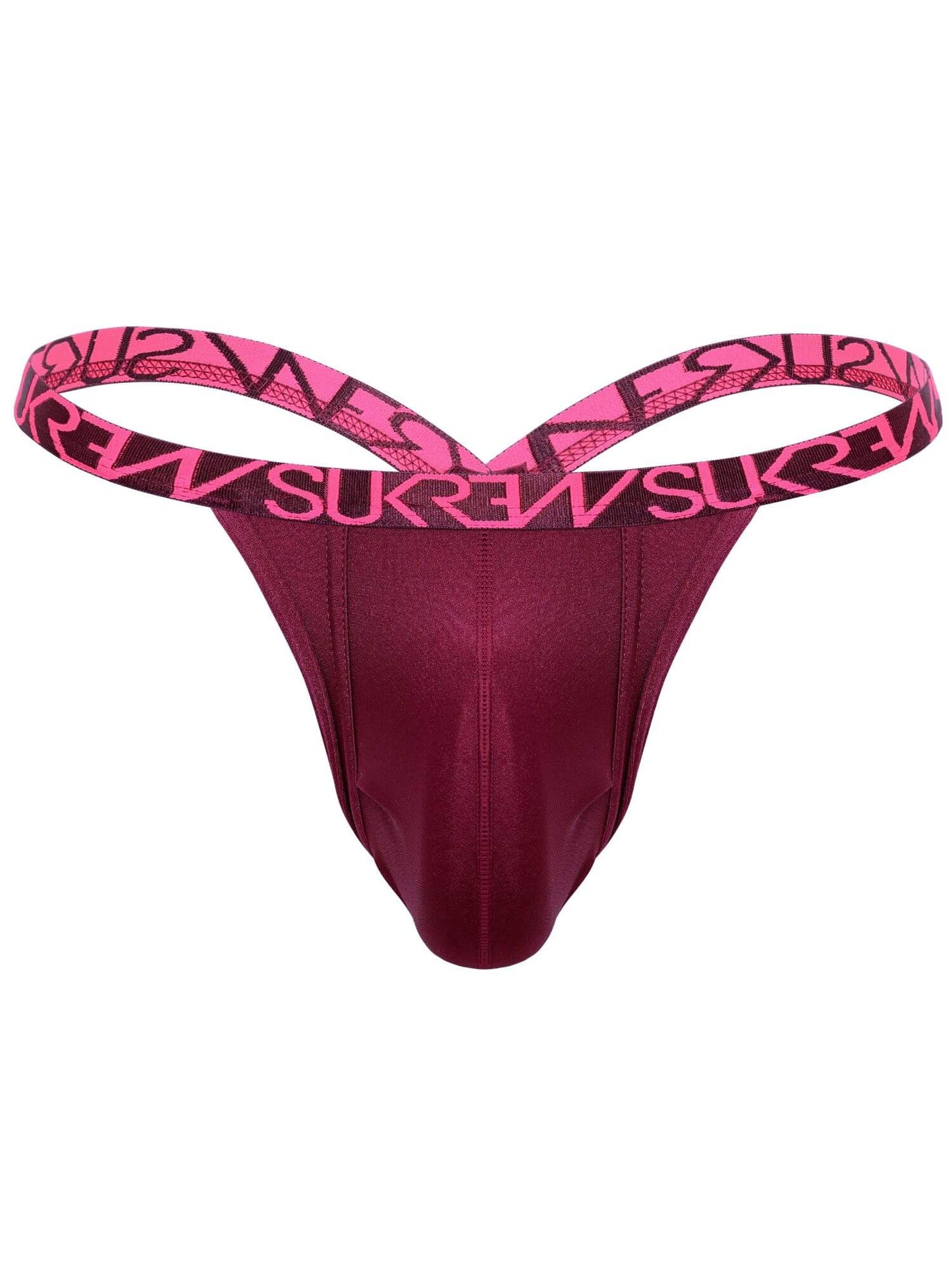 A men's jockstrap in deep burgundy with a skinny, elastic waistband in hot pink featuring the brand name printed repeatedly in black.